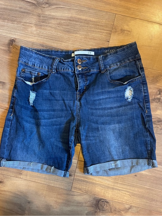 !it Pants - !it jeans Dark Blue Distressed Roll-Cuff Denim Shorts